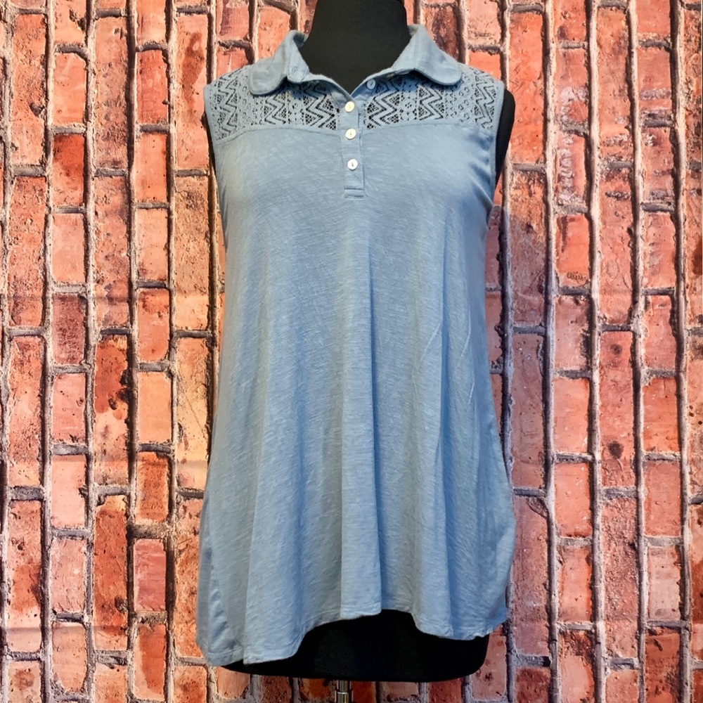 Collared Sleeveless Top with Lacy Inset